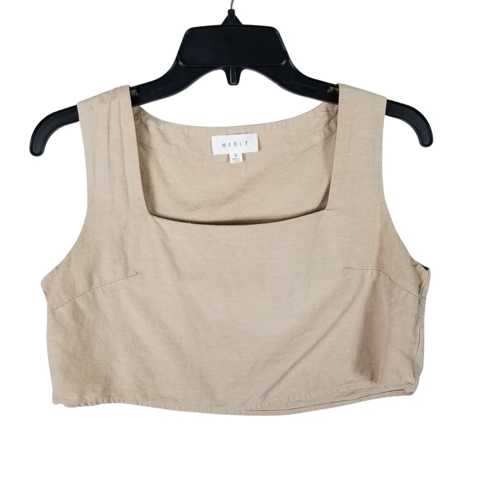 Mable 2 Piece Set Women Small Tan Linen Blend Square Neck Crop Top Pleated Short